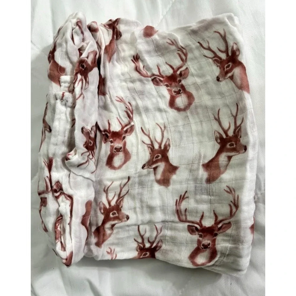 Deer Muslin Baby Swaddle Blanket White Forest Unisex 47
